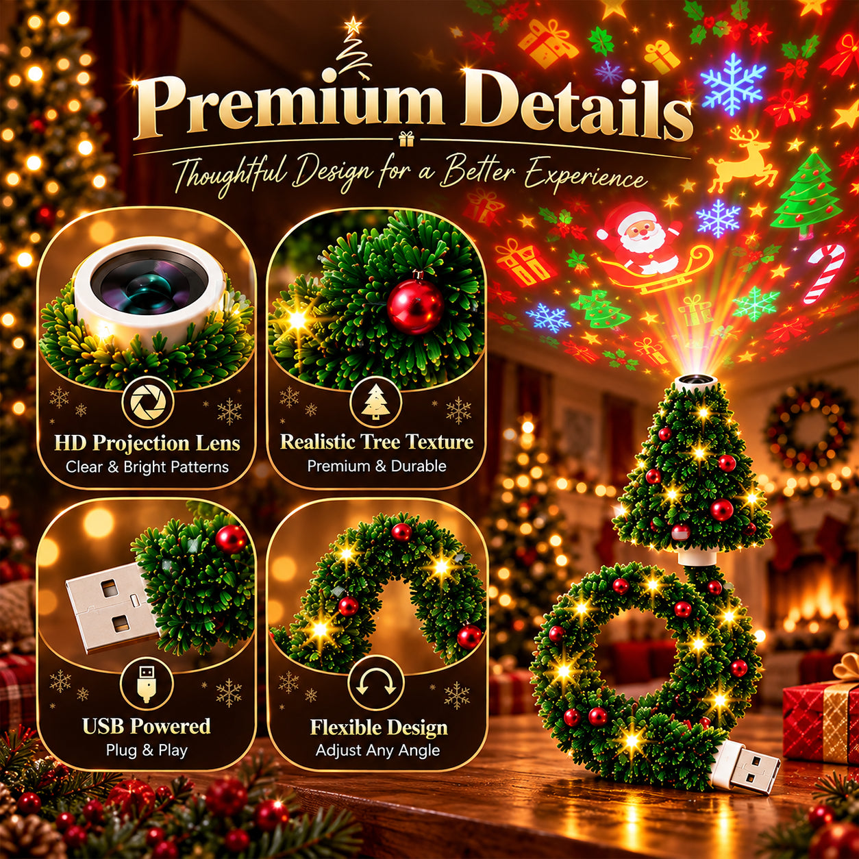 Christmas tree projector with flexible wreath-shaped neck
