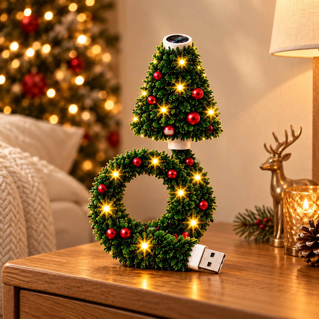 Styled illustration of the Christmas tree and wreath projector on a wooden table